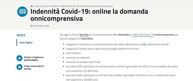 sito inps indennità