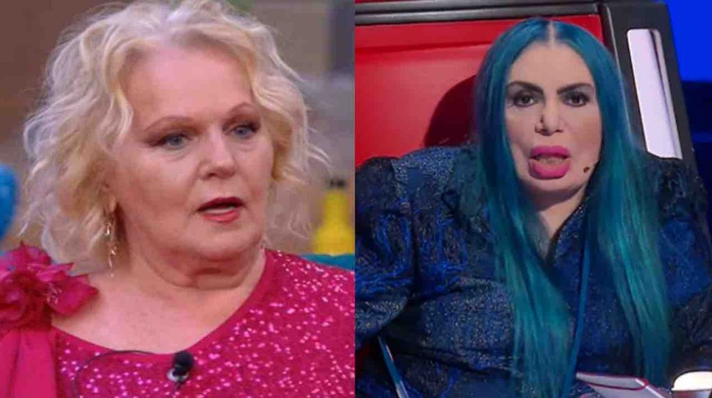 Katia Ricciarelli si trasforma in Loredana Bertè: parrucca azzurra e trucco intenso, eccola